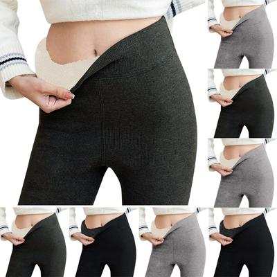 Women's High Waist Casual Pants Solid Color Fleece Thermal Leggings Winter Long Fleece Trousers Plush Running