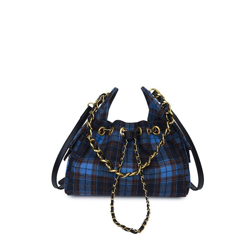 

Stylish Plaid Drawstring Bucket Bag Women s Korean Versatile Chain Shoulder Bag Multi-pocket Magnetic Snap Casual Handbag