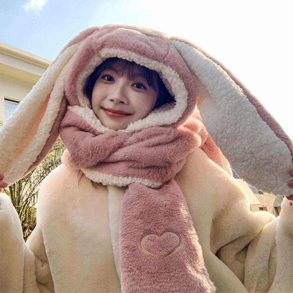 Faur Fur Cartoon Hat Cold Protection Winter Warmt Big Rabbit Ears Hat Thickened Hat Scarf Glove One Piece Set For Women Girls