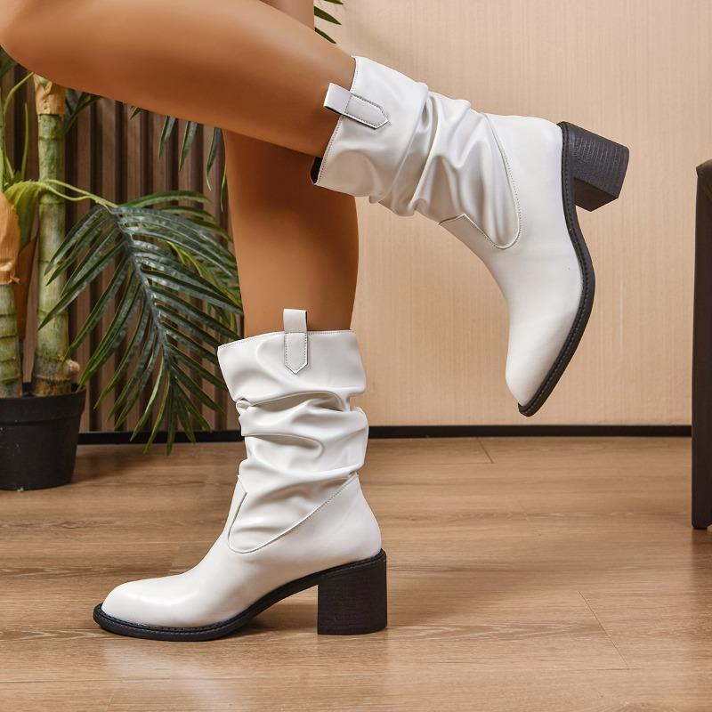 Fashion European and American Booties Winter New Block Heel Black Pointed Toe Women's Mid-leg Boots
