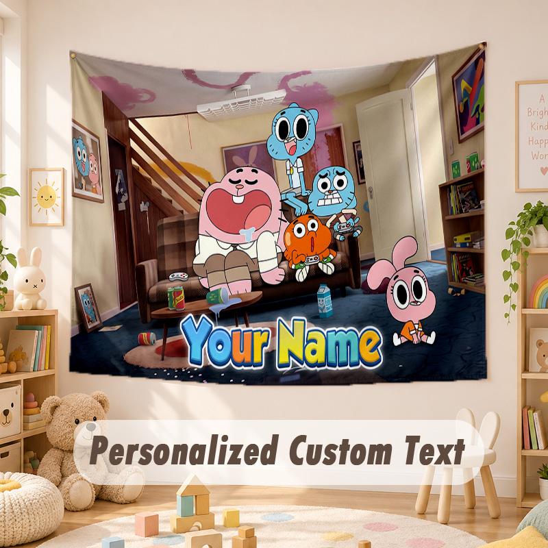 Arazzo con Testo Nome Personalizzato, Incredibile Mondo di Gumball Boho da Appendere al Muro, Arazzo Decorativo da Sfondo per Stanza
