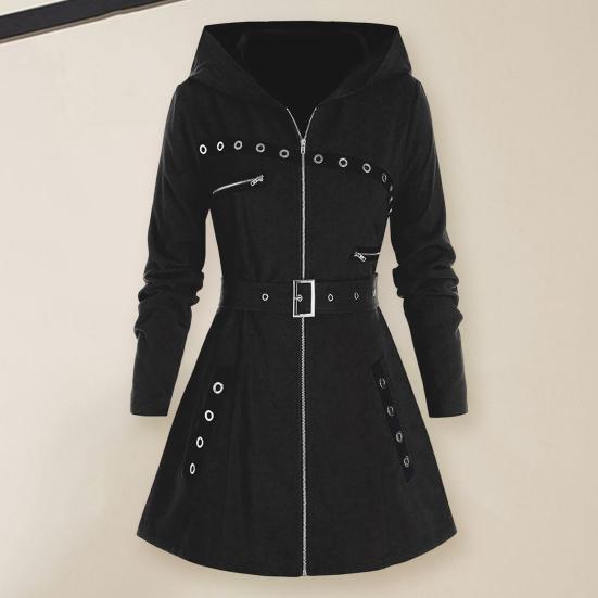 Damen Herbst und Winter Langarm Kapuzenjacke mit Baumwolle Gerade Spleißen Pendlermantel mit Baumwolle M schwarz