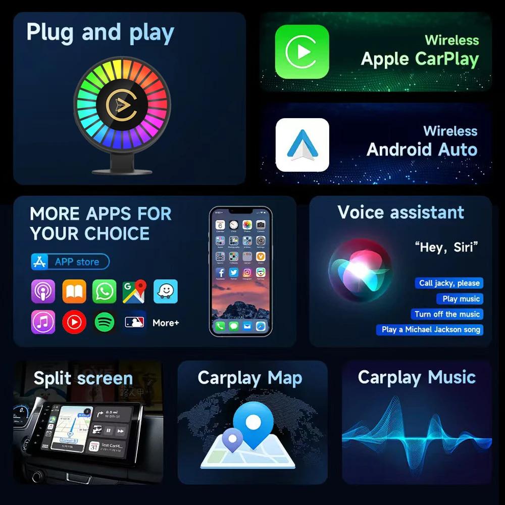 3-in-1 Wireless Carplay Android Auto Adapter Plug and Play Car Aromatherapy with Ambient Lamp Rechargeable for Car Air Outlet
