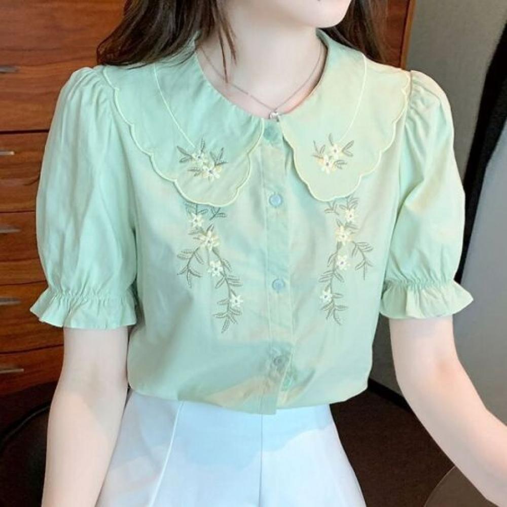 Navava Lovely Flower Embroidery Puff Sleeve Short Sleeve Shirt Blouse Nb3134