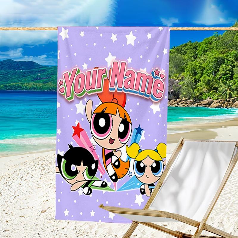 1pc Powerpuff Beach Towel with Custom Name, Beach and Seaside Swimming Pool Equipment, Fashion Pattern, Rectangular, Travel Essential