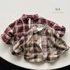 Kids Unisex Fleece Plaid Long Sleeve Shirt Korean Vintage Style Children Shirt