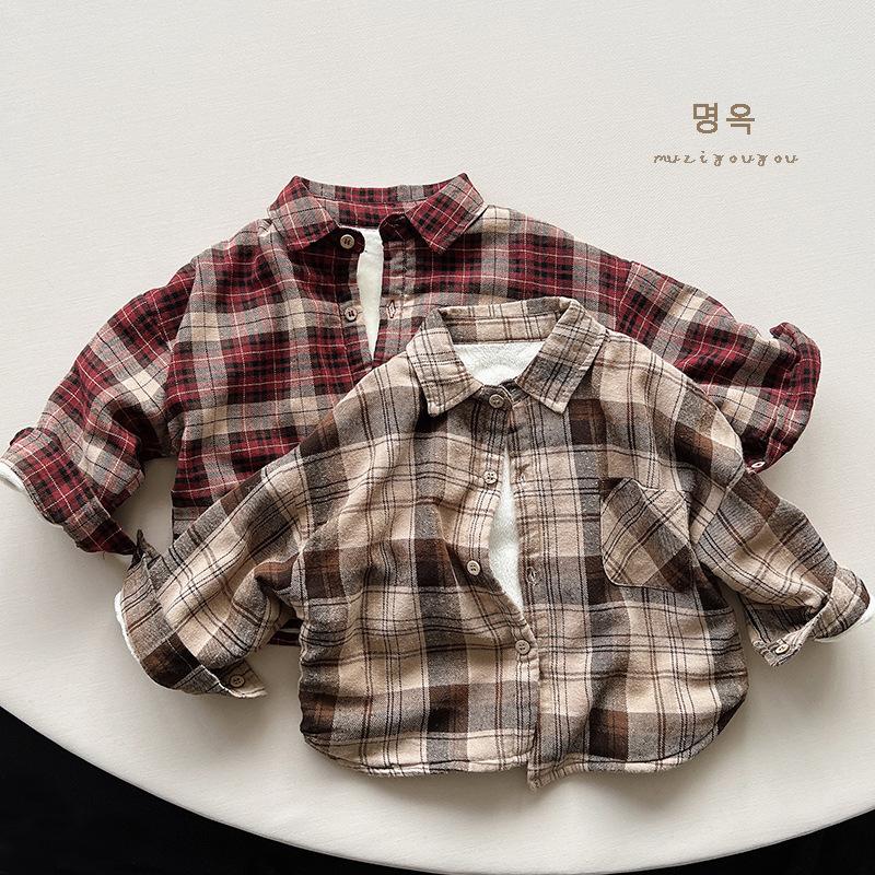 Kids Unisex Fleece Plaid Long Sleeve Shirt Korean Vintage Style Children Shirt