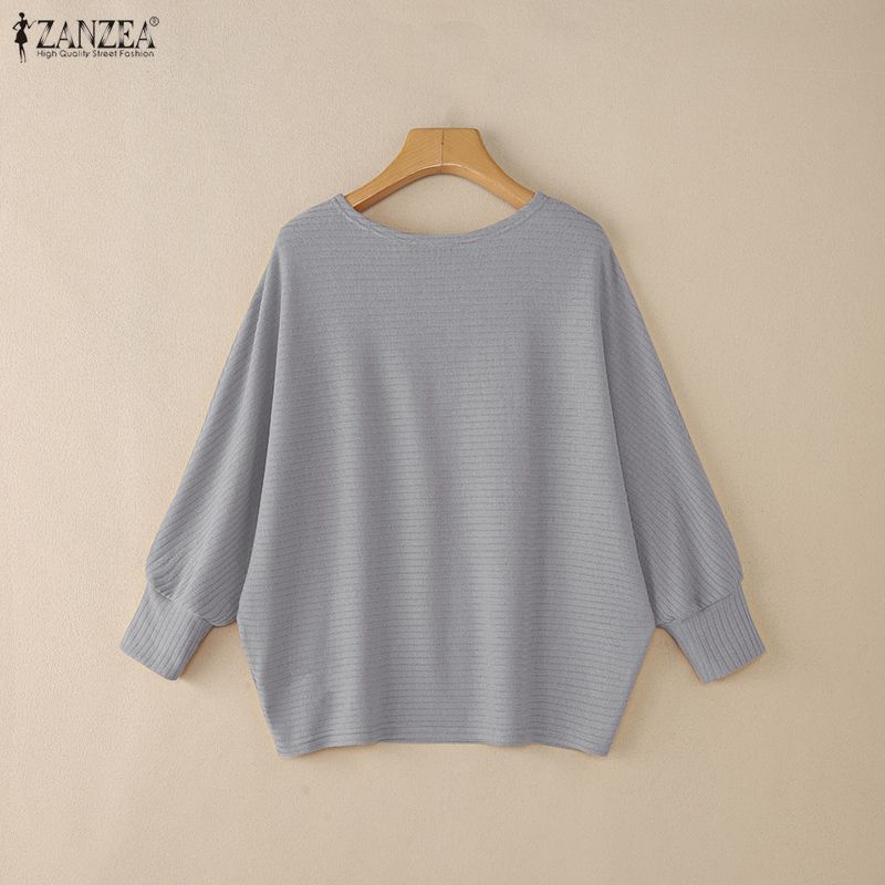 ZANZEA Women Casual O-neck Solid Color Bat Sleeve Rib Thin Blouse Tops