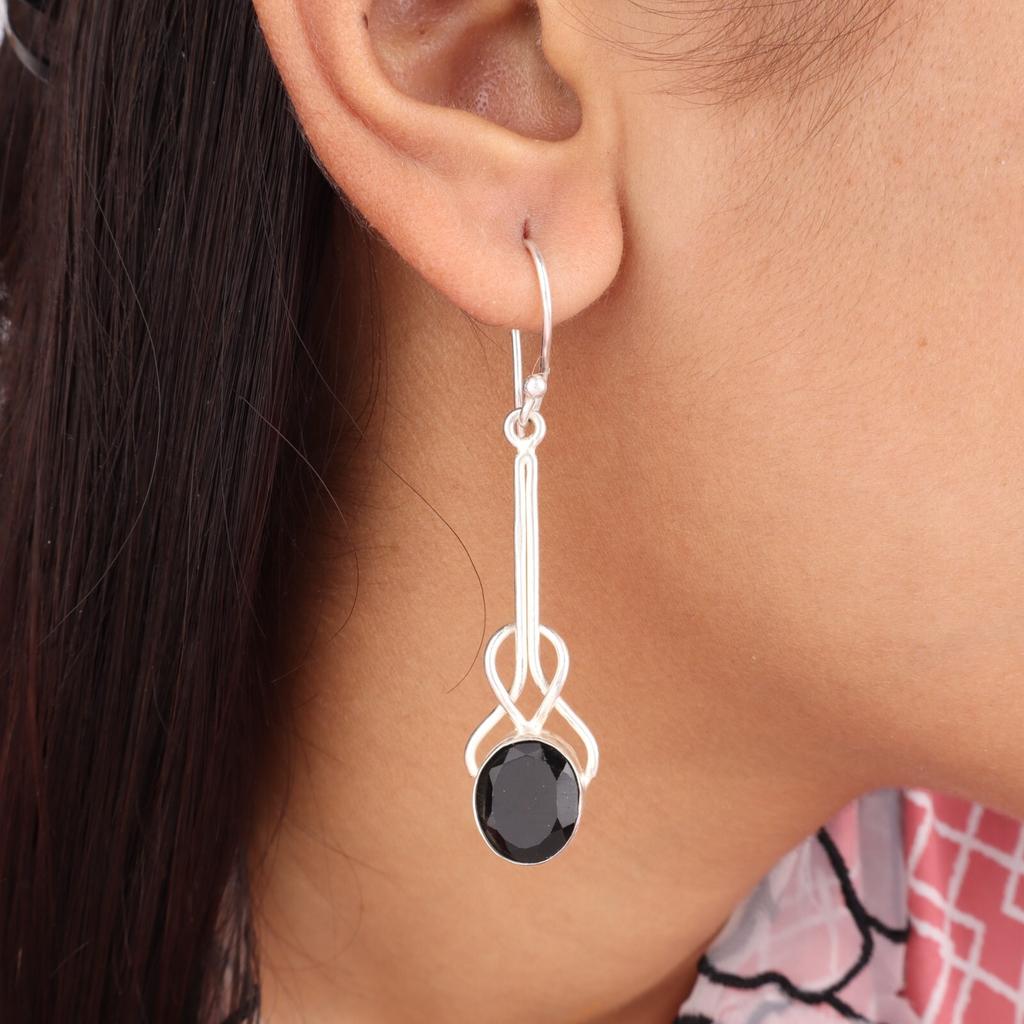 Black Onyx Gemstone 925 Sterling Silver Jewelry Handmade Dangle Earrings 1.76" EE-171-21