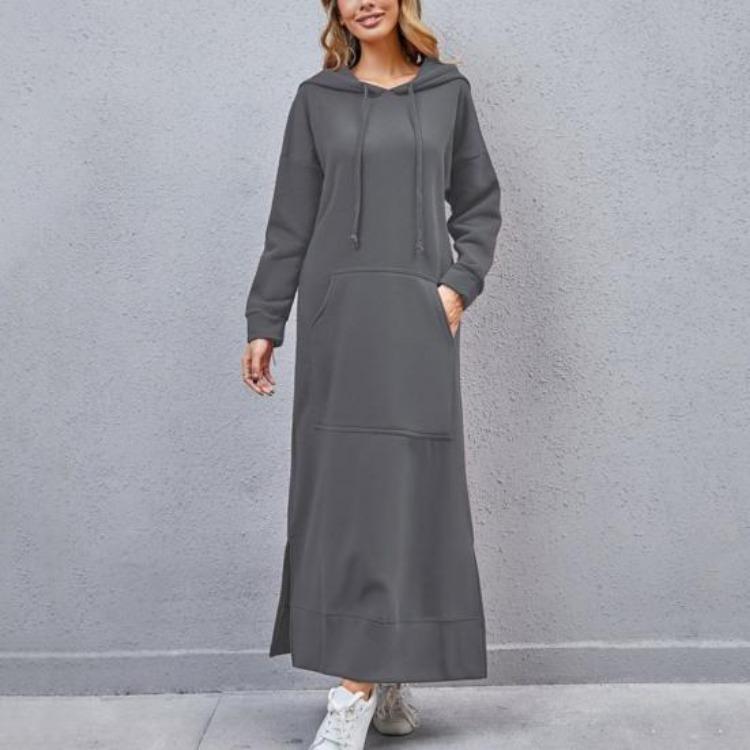 Women Sweatshirt Dress Hooded Solid Color Long Sleeve Front Drawstring Autumn Winter