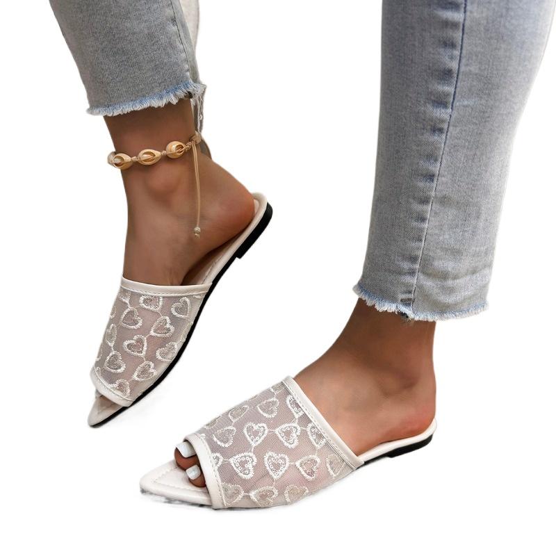 

Fashion 2025 Summer Mesh Peep Toe Women’s Slippers Heart-Shaped Embroidery Pointed Toe Breathable Sandals for Plus Size Daily Slippers 36 покинуть белый