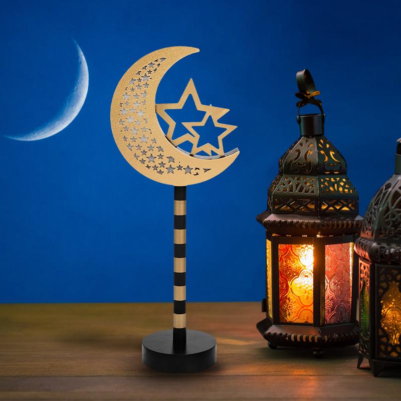 Ramadan Moon Star Lamp Sign Eid Mubarak Wooden Table Ornament 2026 Islamic Muslim Party Home Decoration LED Light Lantern Gifts