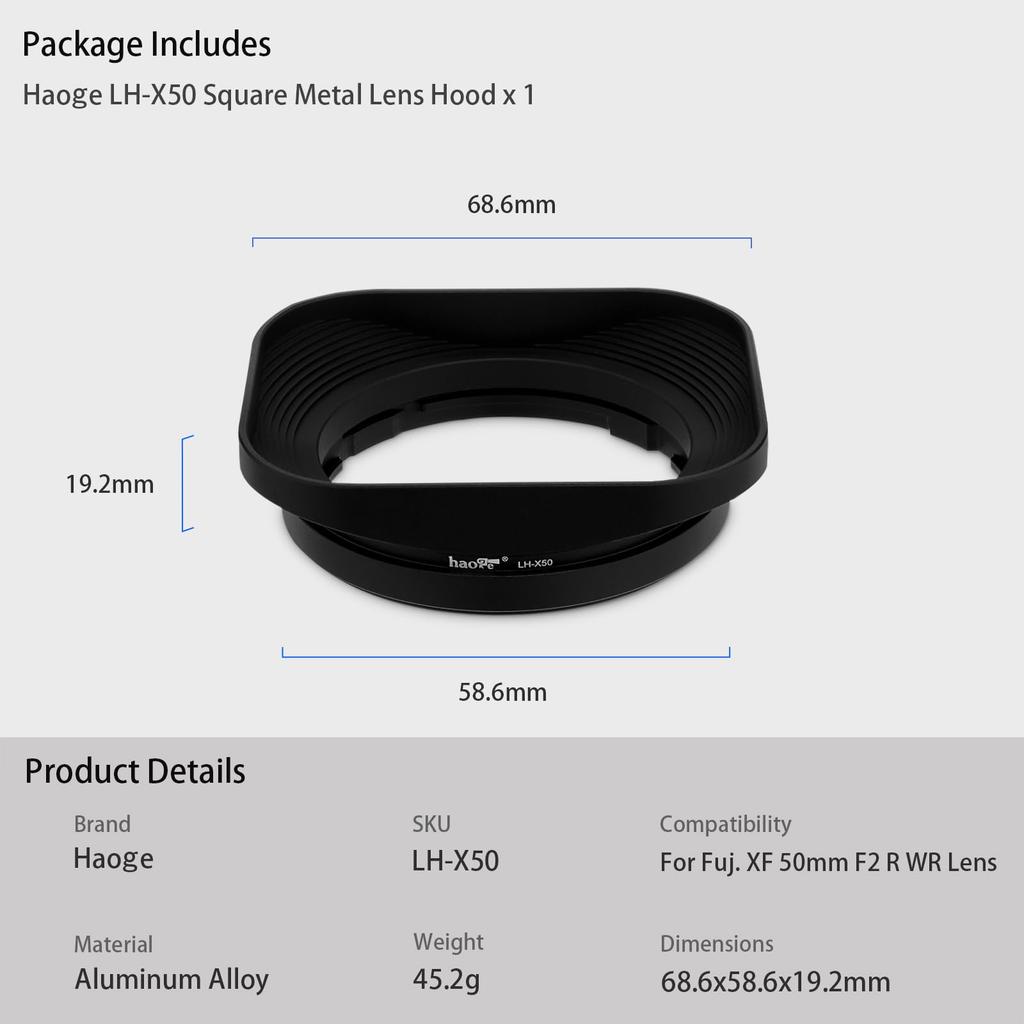 Haoge Bayonet Square Metal Lens Hood for Fujifilm Fujinon XF 50mm F2 R WR compatible with and LH-X50 Lens, X-Pro2, X-Pro1, X-T2, X-T1, X-T20, X-T10,