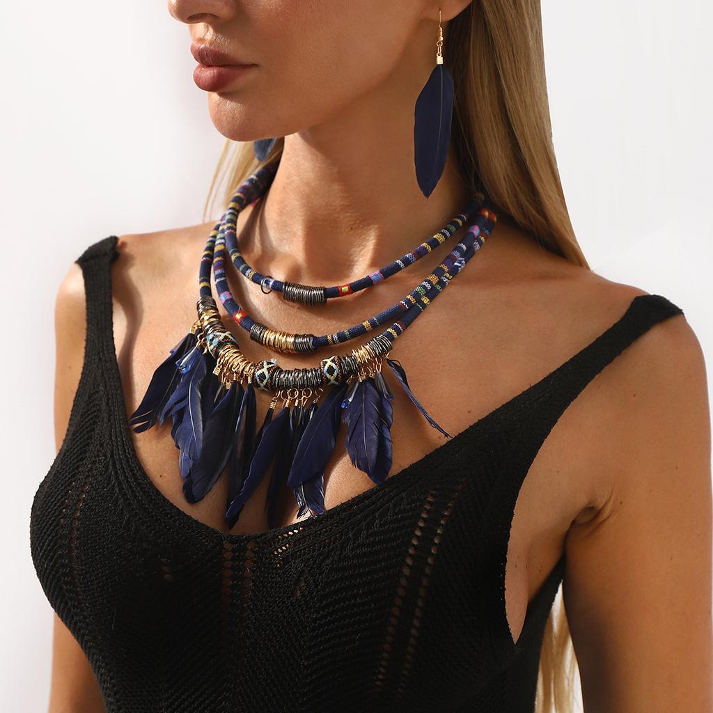 Ethnic Style Retro Exaggerated Fringed Feather Earrings Multi-layer Necklace Hand-woven Rope Jewelry Set Women