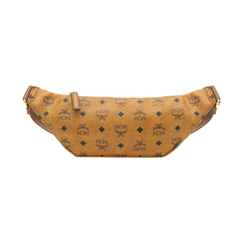 MCM Cognac Visetos Monogram Fanny Pack with Zip Closure & Gold Logo Plate for Daily & Street Style Use