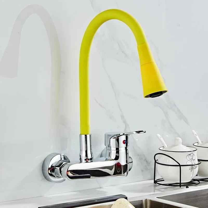 Kitchen Tap Household Wall Mounted Faucets Bathroom Mixing Tap Sink Swivel Tap Modern Flexible Hose Double Hole Faucet
