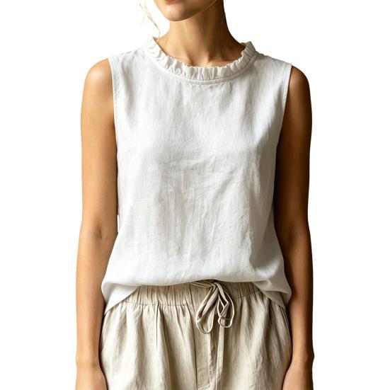 Damen Shirt Locker Geschnitten Ärmellos Rundhals Rüschenbesatz Lässige Oberteile Einfarbige Sommer Tanktops Tägliche Kleidung