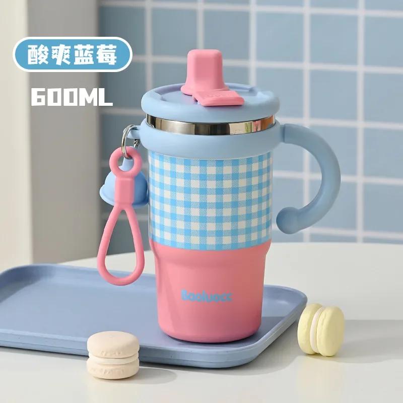 

Stainless Steel Thermos Straw Cup High Appearance Level for Girls Double-drinking Cup Car Ice Cup Student Office Water Bottle 600ML