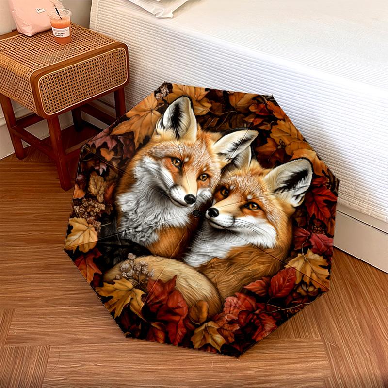 0106 Fox Family  pattern, automatic folding umbrella, portable and foldable design, 8 ribs, a Christmas or birthday gift.