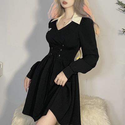 Robe noire Vintage pour femmes, automne, col Polo, bretelles, manches longues, printemps