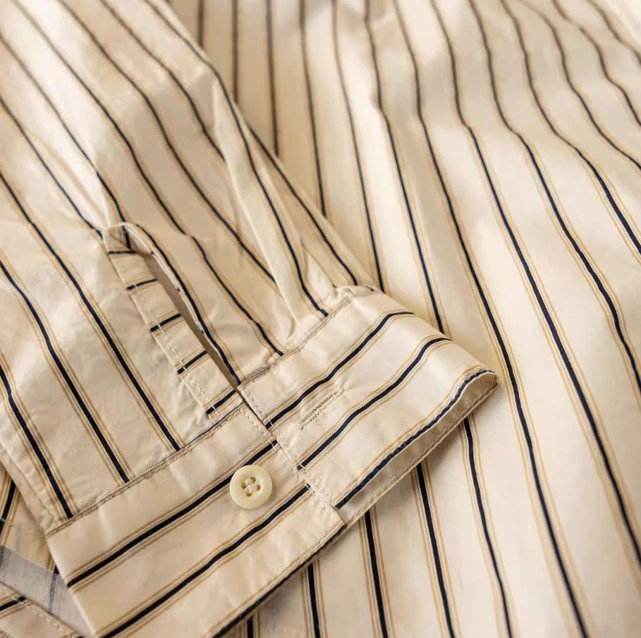 Spring 2026 Trendy Cartoon Cat Embroidered Striped Long Sleeve Lapel Shirt for Women