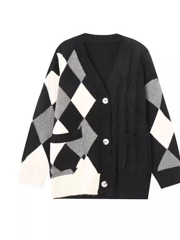 Damen Midilanger Colorblock Rautenstrick Cardigan - Lockerer, Lässiger Stil