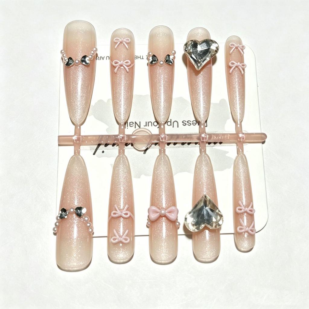 Almond Shaped Milk Tea Apricot Nails with Glitter, 3D Heart, and Large Diamond Art Stickers
