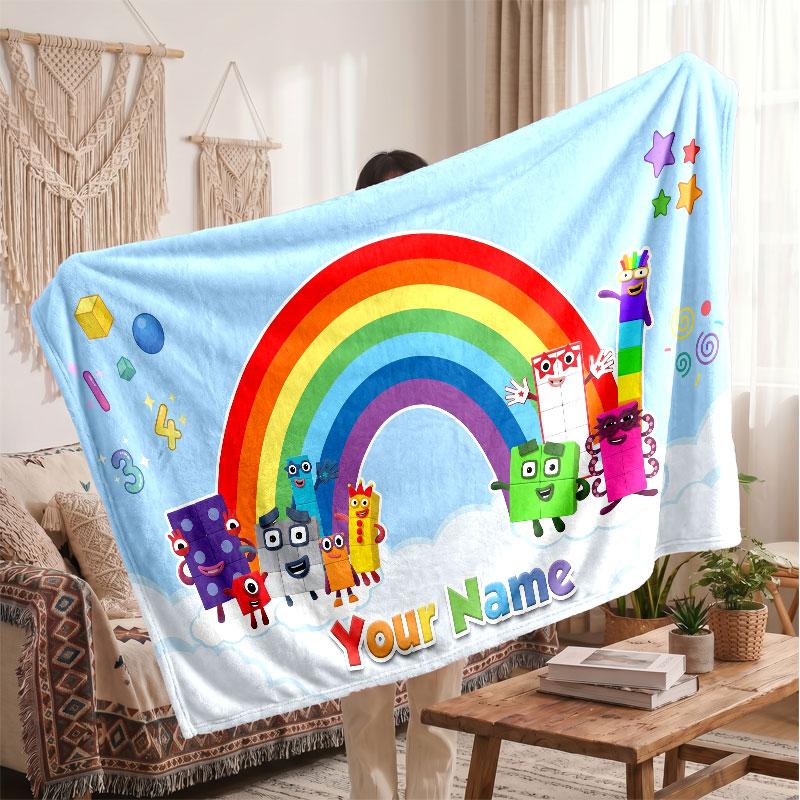 Numberblocks Personalized Flannel Blanket, Custom Printed Text Name, Warm Soft Blanket For Couch Bed