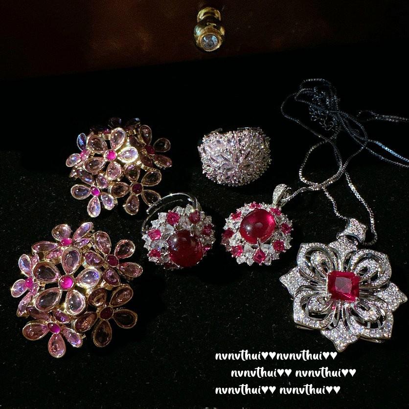 Papalacha Bouquet Gemstone Earrings, Duobao Thistle, 18K Gold Plated, Rouge Magenta Flower Zircon Ring
