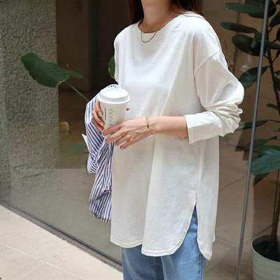 Loose and Casual Solid Color Round Neck Long Sleeve Women's Pure Cotton Base Long Sleeve T-shirt