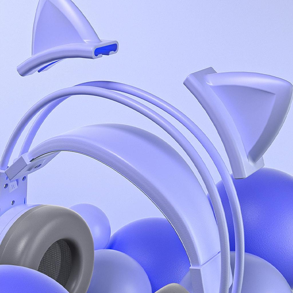 Cat Ear Headphones with Noise Reduction Detachable Ear Gaming Headset Microphone, Ears, All-Wrap Cups, Over-Ear (Purple)