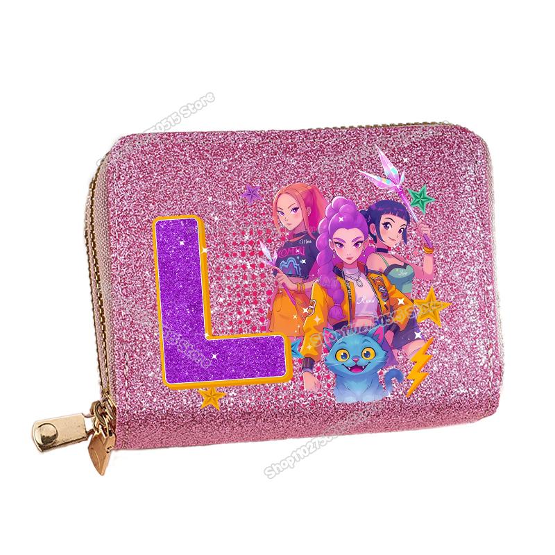 Korean Pop Demon Hunters Letter A-Z Women Short Wallet Bling Sequin Pu Leather Wallets Zipper Coin Purse ID Card Holder Girl Purse