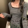 Korean Square Neck Flare Sleeve Slimming Retro Striped Long Sleeve Top for Women