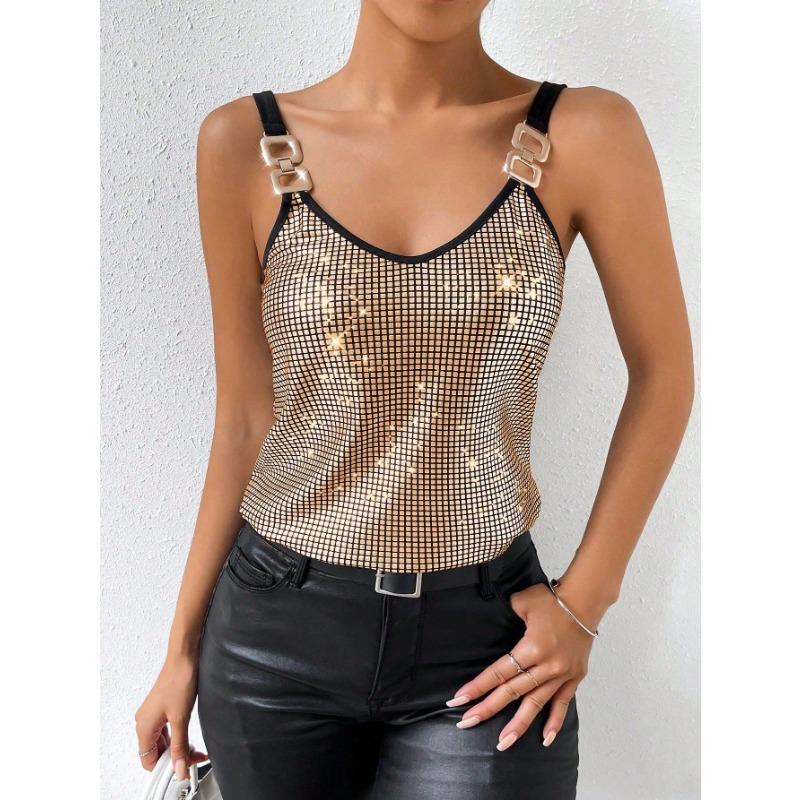 

Womens Gold Sequin Cami Top Casual V Neck Metal Buckle Strap Party Tank Top XS коричневый