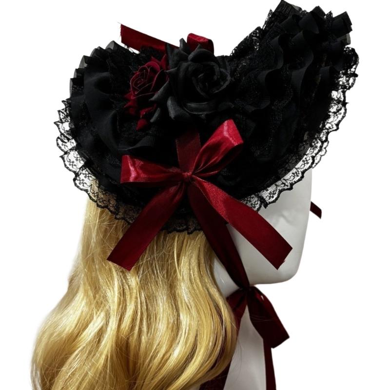Woven Straw Lace Hat with Dark Series Design and Large Bowknot Elegant Bonnet Hat For Women Theme Parties and Halloween