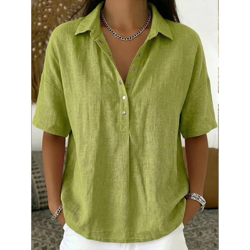 Summer Women's Loose Comfortable Solid Color Lapel Short Sleeve Shirt, European American Style Casual Blouse for Crossborder