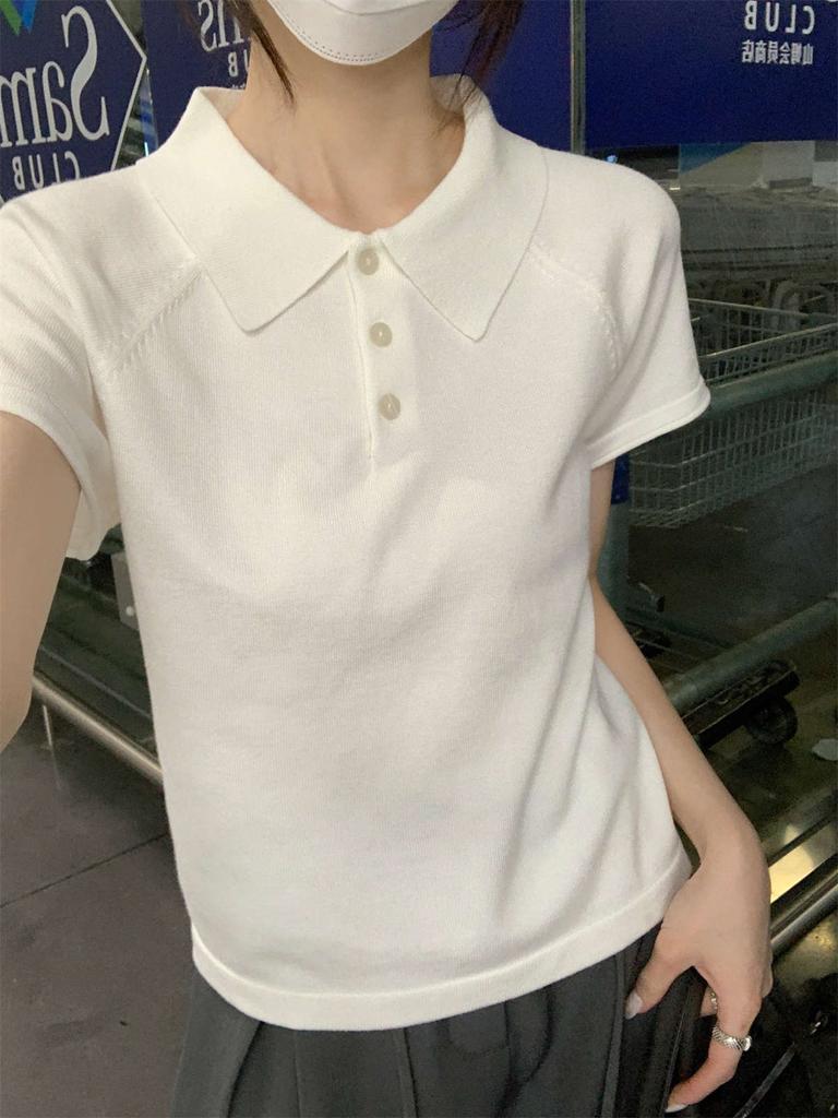 Premium Polo lapel knitted sweater short-sleeved women's summer T-shirt small fashionable temperament bottoming top