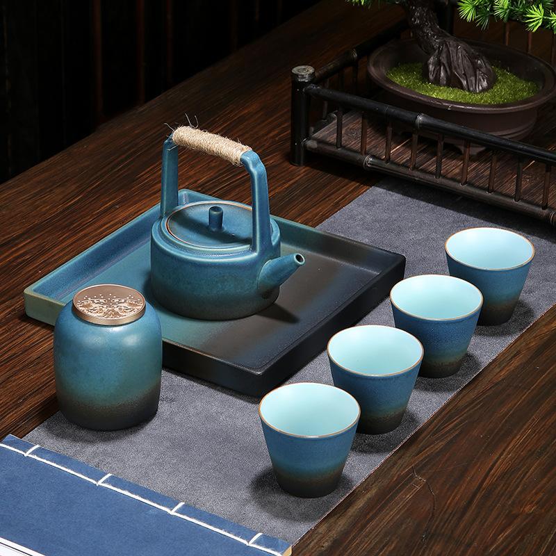 

Japanese retro coarse pottery tea set tea set household simple ceramic teapot tea cup kung fu small belt tea tray handmade
