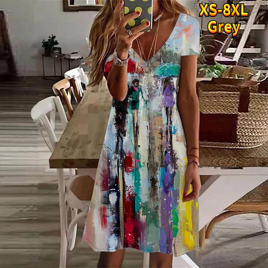 Summer Fashion Women's V Neck Short Sleeve Ink Painting Sensation Printed Dress Sex Dress