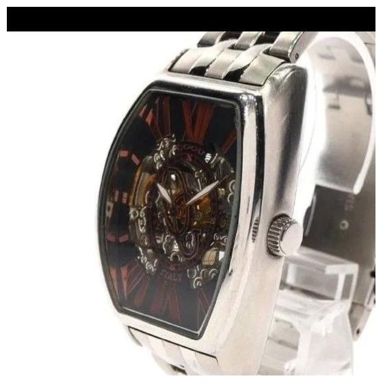 Used COGU Men's Watch Automatic AT Rectangular Back Slot 3 Hands Silver SS Genuine Belt Skeleton Character Limited Edition