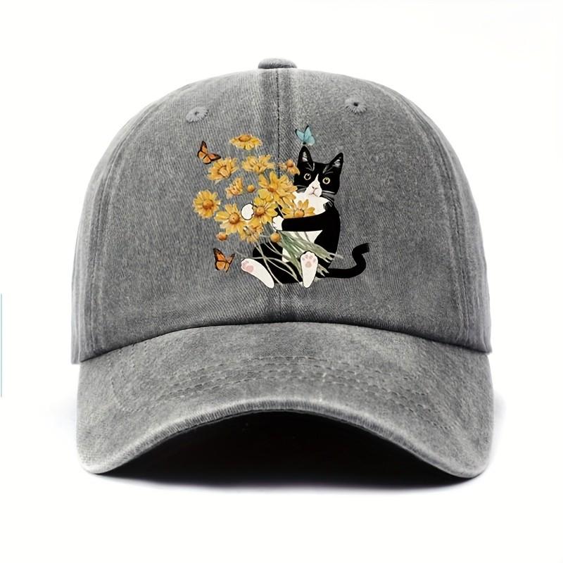 Cute Cat With Yellow Flowers Baseball Cap Distressed Denim Casual Adjustable Washed Cap