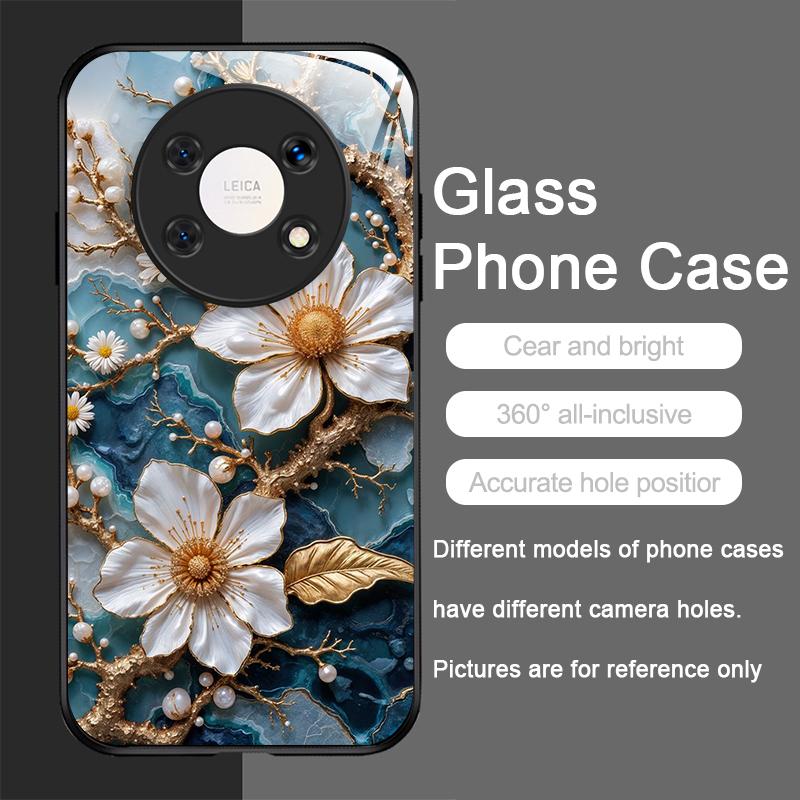 White Camellia Flower Marble Texture Tempered Glass Phone Case for Xiaomi 15 Pro+ 14 Ultra 14T 13T 12 11 Lite 10T 11T PRO Cover