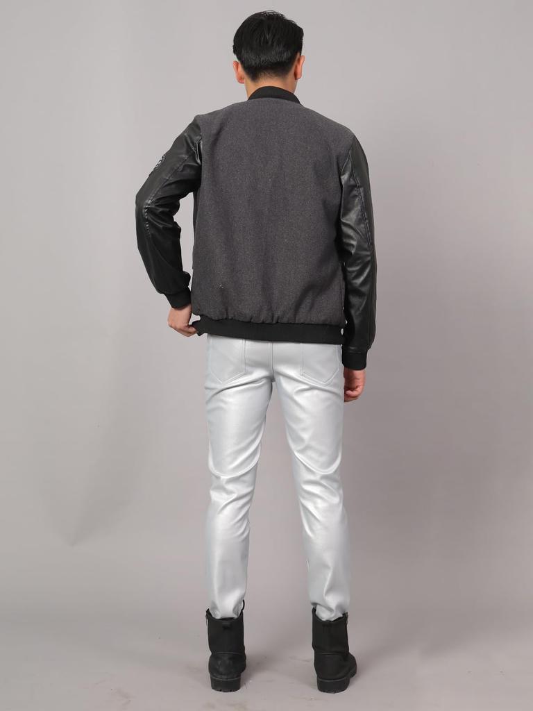 [East Rain] Silver Leather Pants, Pencil Trousers, PU Motorcycle Pants,