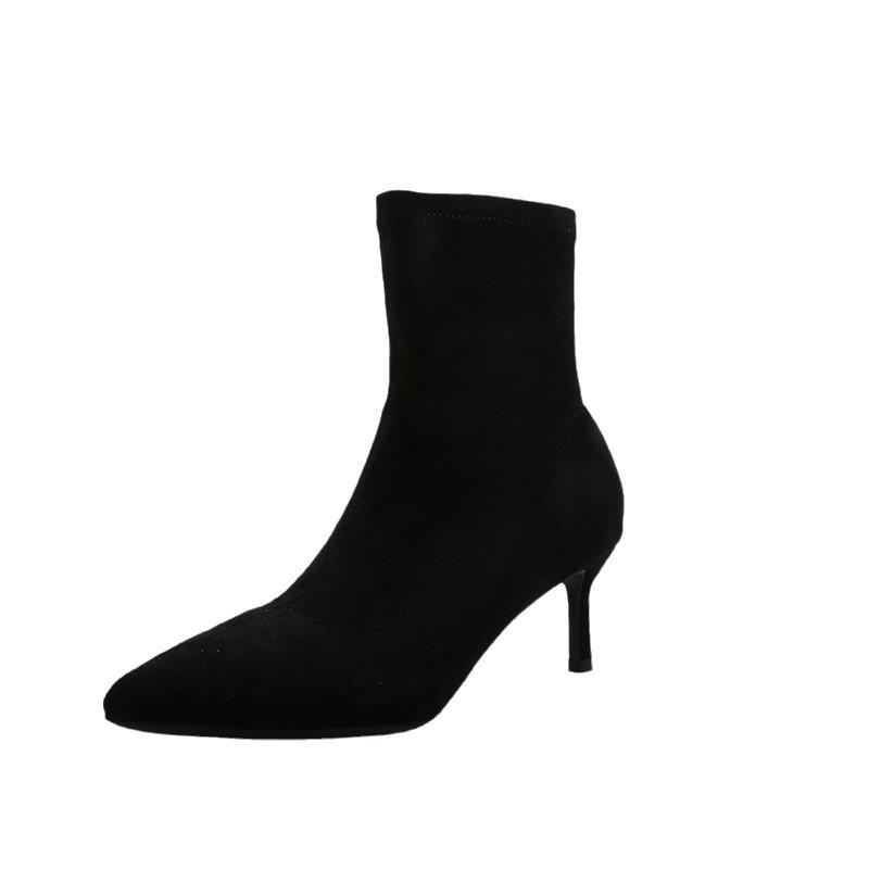 High Heels Pointed Short Boots Women 2025 Autumn and Winter Velvet Thin Heel Black Elastic Socks Boots Internet Celebrities Show Thin Boots Medium Tub