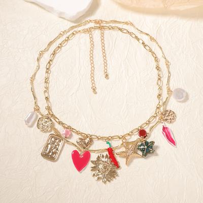 Retro Trend Oil Drip Alloy Love Pepper Sunflower Pendant Vacation Style Double-layer Necklace, Niche Style
