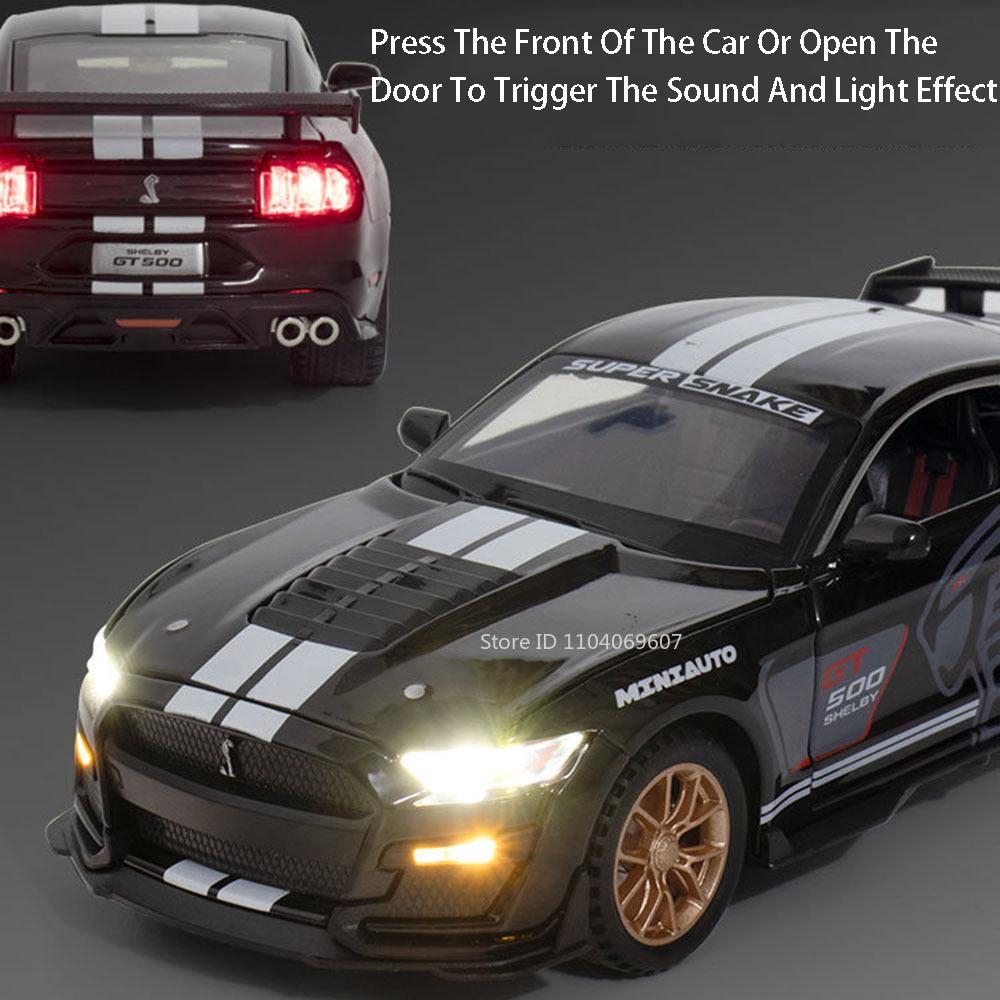 1:32 Mustang Shelby GT500 Miniature Car Model Toys Alloy Diecast Sound Light Doors Opened Pull Back Vehicles for Kids Gifts