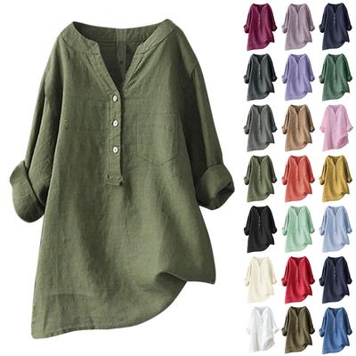 Women's Fashion Loose Solid Color Standing Collar Button Long Sleeve Sleeve Cotton Top