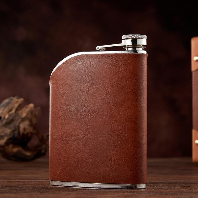New 304 Stainless Steel Leather Wrapped 8 Oz Hip Flask High Grade Thickened Portable Outdoor Home Liquor Flask Wine Tool Gifts
