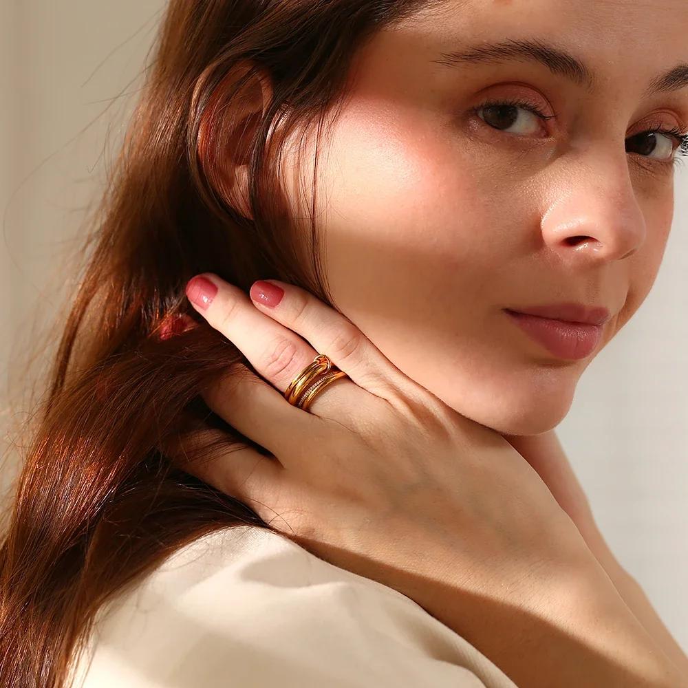Stainless Steel 3-layer Mixed Color Inlaid Zircon Women's Ring Shiny Waterproof Jewelry Gift