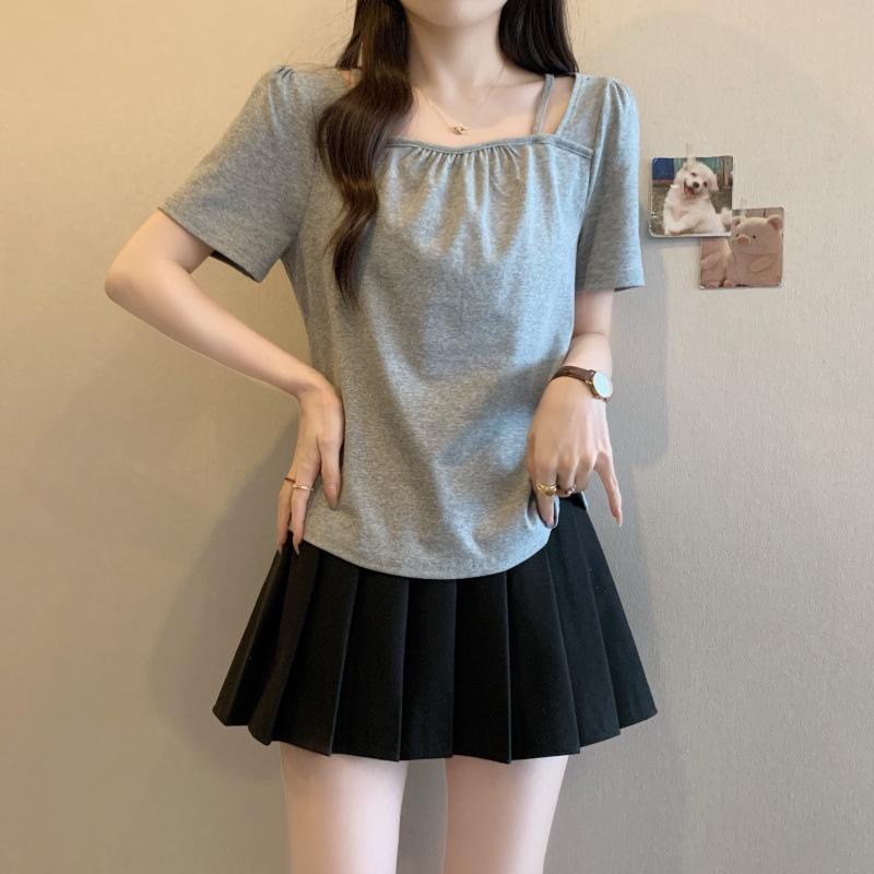 2026 Summer Plus Size Women s Square Neck Pleated Short Sleeve Slimming Top 4XL серый